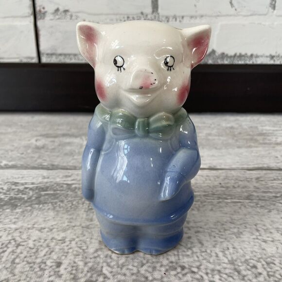 Piggy Bank RARE Vintage BREAK TO OPEN Pig 1940 Blue Overalls MCM - Picture 1 of 8